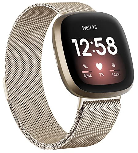 Oumida Armband für Fitbit Versa 3/4/Sense/Sense 2 - Damen/Herren, Edelstahl Metall Ersatzarmband mit Starker Magnet, Groß Champagner Gold