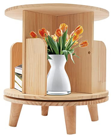 4 Fächer Holz Bücherregal Drehbar Dia 46cm Rund Standregale Mini Holz Beistelltisch, Einlagig Regal Drehbares Bücherregal für Wohn-/Schlafzimmer