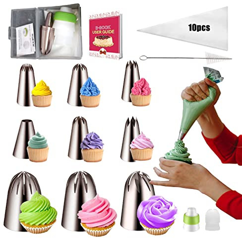 22Pcs Piping Nozzles Set, Stainless Piping Tip Set with 10 Pastry Piping Bags, Anti - Burst Cupcake Icing Bags, 2 Couplers, for Cake Decoration Cupcake Baking Cookie…