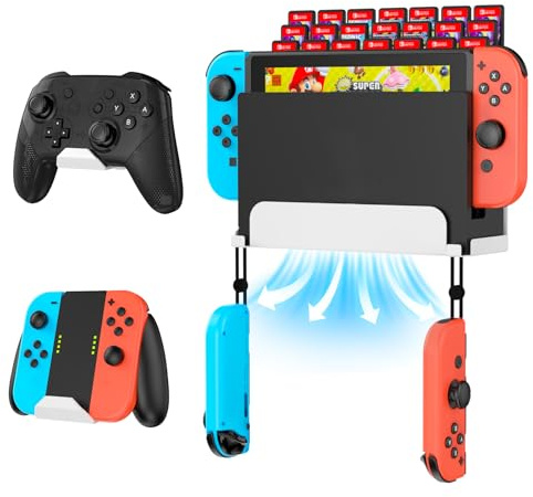 KUNSLUCK Väggfäste för Nintendo Switch med 2 kontroller och 28 spelkortshållare (vit)