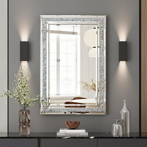 SHYFOY Espejo para Pared Rectangular, Espejo Decorativos Entrada Recibidor con Diamantes de Cristal, 80 x 60 cm, Plata