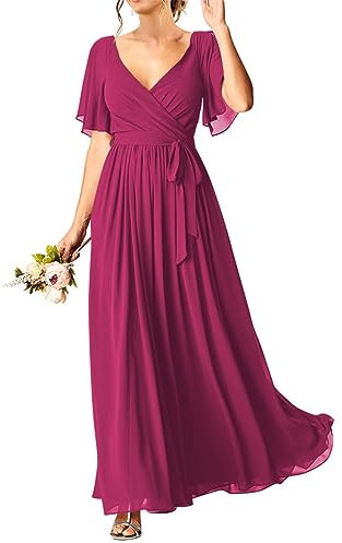 HPPEE Vestidos de fiesta de boda de manga corta para mujeres jóvenes de gasa largo maxi cuello en V vestidos de noche con bolsillos, fucsia, 22 Más