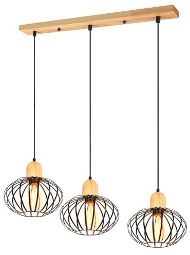 3 flammige Pendelleuchten Industrielle, Hängeleuchte Vintage Deckenleuchte E27 Lampenschirm aus Metall und Holz Hängelampe Schwarz 22cm Für Schlafzimmer Wohnzimmer (Holz-Stange 50cm)