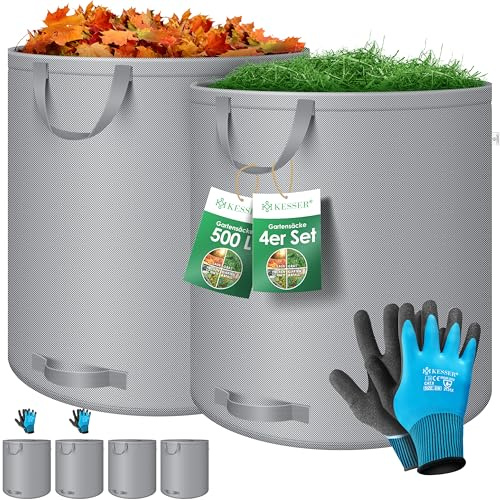 KESSER® Gartensack 4x 500L Set Laubsack Gartenabfallsack inkl. Handschuhe - Selbststehend 4 Griffe Stabil Robust & Faltbar - Laubsäcke Rasenschnitt Gartensäcke für Gartenabfälle Grünschnitt Grau