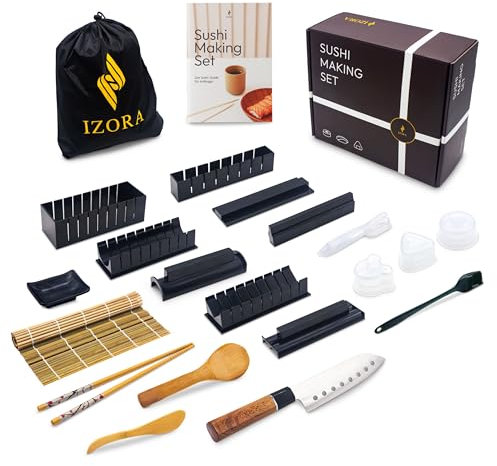Izora Sushi Maker Set mit Anfänger-Guide inkl. ausführlicher Anleitung, einfache Rezeptvorschläge - Sushi Set zum selber machen mit stilvoller Geschenkbox, praktischem Stoffbeutel