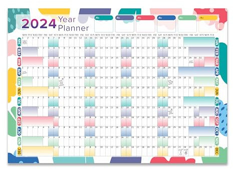 Jahresplaner 2024, A3, Wandkalender, Januar bis Dezember, Jahresplanungstabelle für Schule, Werkstatt, Familie, Zuhause, Büro, Projekt-Organizer, 29,7 x 42 cm, mehrfarbig, 1 Stück (gefaltet)