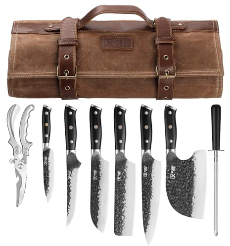 XCHIEF PRO Chef Knife Set, Hand Forged Meat Boning Carving Cleaver Butcher Knife, High Carbon Steel Japan Nakiri Santoku Knife Set with Accessories for Kitchen, BBQ Camping Knives Set with Bag
