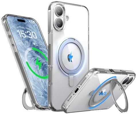 Niunisi Stand for iPhone 16 Plus Case, [Compatible with Mag Safe] 360° Rotatable Ring Holder Kickstand Military Shockproof Protective Case for iPhone 16 Plus 6.7 Inch, Clear