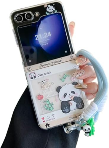 GULVQYF Custodia per Samsung Galaxy Z Flip 6, simpatica stampa con panda in stile cartone animato, design kawaii per Galaxy Z Flip 6, con cordino da polso, per ragazze e ragazzi (Panda)