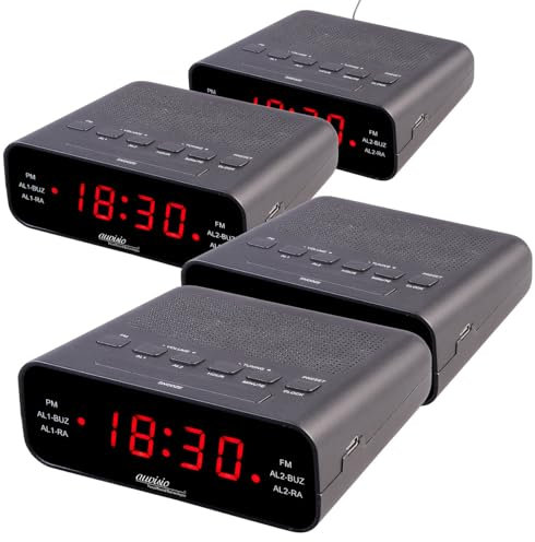 auvisio Radiowecker Digital: UKW-Radiowecker mit 2 Weckzeiten und LED-Anzeige, Schlummer, 4er-Set (Wecker Digitale Große, Wecker Digital USB)