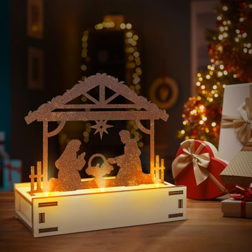 APODESS 2SET Weihnachtskrippe Beleuchtet LED Krippe Modern Weihnachten Rost Metall Lichthaus Kinderkrippe Edelrost Weihnachtsgrippe Mit Lichtketter Krippendeko Metallkrippe Geschenke Für Manner Frauen