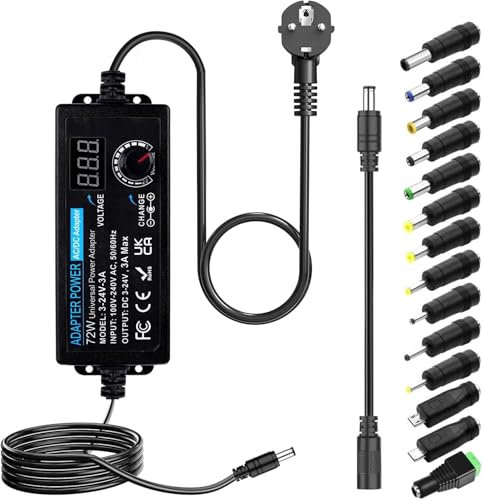 Fuente de alimentación Universal Regulable, 3 V ~ 24 V 3A 72W Ajustable Variable AC/DC Adaptador, 100 V-240 V AC a DC Converter con Pantalla de tensión LED y 14 Puntas y convertidor de polaridad