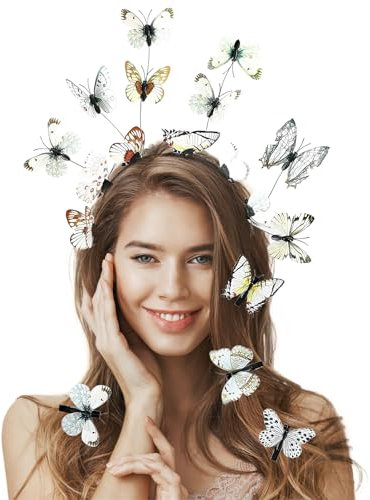 Serre Tête Papillon + 8 Pièces Barrette Papillon, Serre Tete Papillon Femme, Serre-Tête Papillon Décoratif, Bandeau Papillon pour Femmes Filles Halloween Carnaval Cosplay,Blanc