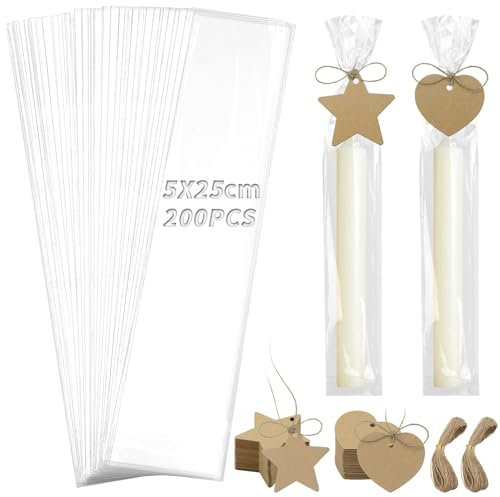 TXXATX Kerzentüten Set 200 Stück Cellophantüten 5x25 cm Opp Tütchen Transparent mit 200 Kraftpapier Geschenkanhänger und Schnur Zellophantüten für Kerzen Süßigkeiten Hochzeit Party Valentinstag