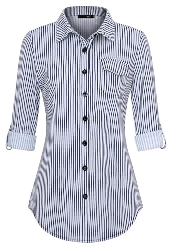 DJT Damen Bluse Weich Gestrickt Stretch Knopfleiste Langarm Hemdbluse Casual V-Ausschnitt Button Down Shirts Oberteil