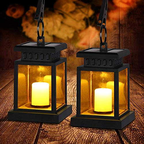 Lot de 2 lanternes solaires d'extérieur avec bougie LED, lanternes solaires à LED, lampes solaires pour extérieur, effet vacillant, lanterne LED solaire avec bougies décoratives, lampes pour jardin,