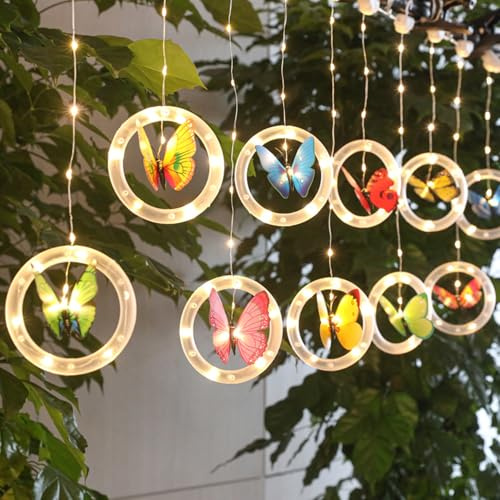 Lichtervorhang Innen, Deko Frühling Schmetterling Lichterketten Vorhang USB 120 LEDs Lichterkette Innen mit 10 Haken, Fensterdeko Hängend Lichterkette für Party Innen und Außen Deko Schlafzimmer