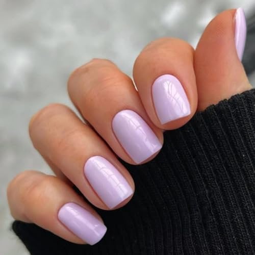 KQueenest Light Purple Press on Nails Short Square, Short False Nails Coffin, Glossy Solid Lavender Small Fake Nails Set, Perfectly Fit, Reusable Gel Stick on Nail for Women Daily Wear 24 Pcs