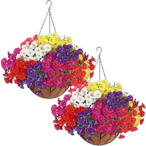 ASTNIC 2 Set Home Decoration Silk Flowers Hanging Basket, DIY Chain Artificial Morning Glory Hanging Flowers in Basket Purple and Fuchsia for Home Garden Porch Indoor Outdoor Decor (Mix 6Color)
