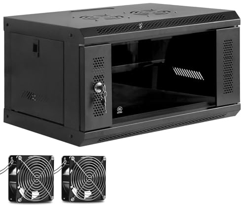 EasyVibe 6U Netzwerkschrank zur Wandmontage, mit Ventilatoren und Regalen, IT-Netzwerk-Rack-Gehäuse mit verriegelbarer Glastür, abnehmbare Seitenwände, Kühlventilatoren, für 19-Zoll-IT-Geräte