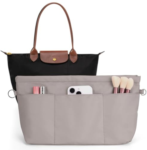 Kaempe Taschen Organizer für Longchamp Tasche Le Pliage m, Nylon Taschenorganizer Shopper mit 13 Taschen und Schlüsselkette, Innentasche Handtaschen für Tote Bag Handbag Damen (Grau, L)