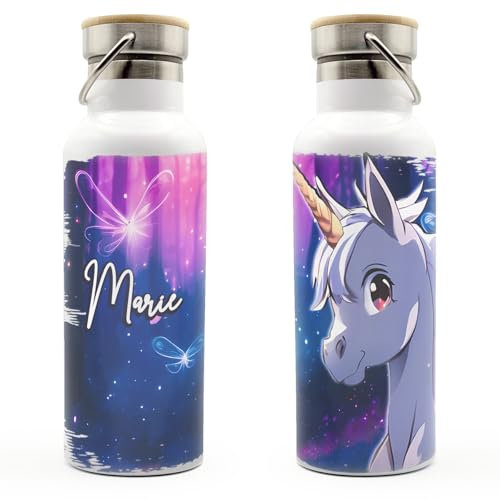 Einhorn 05 – Thermoflasche aus Edelstahl, personalisierte Edelstahlflasche, Trinkflasche mit Namen für Kinder | Grundschule