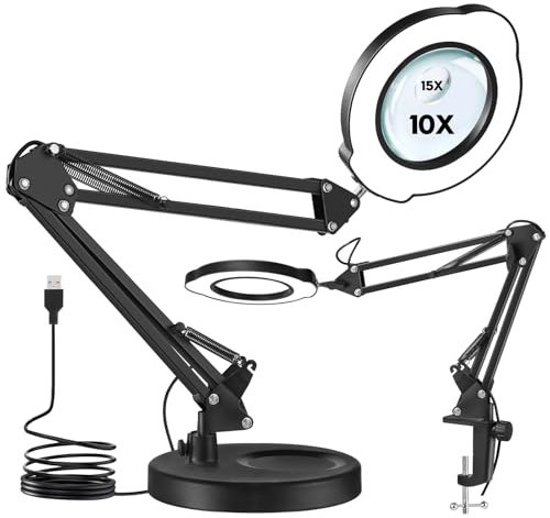 Viugreum Lupe mit Licht und Ständer, 10X/15X LED Lupenleuchte mit Klemme, 5 Farbmodi Stufenlos Dimmbar 2-in-1 Schreibtischlampe, LED Lupenlampe, Lampe mit Lupe für Arbeit Lesen Nähen Basteln Senioren