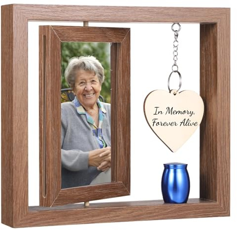 Vestamore Gedenk-Bilderrahmen mit Mini-Urne, drehbarer Holzrahmen für 10 x 15 cm Fotos, Beileidsgeschenk für den Verlust von Lieben und Haustieren