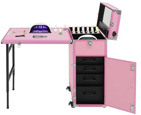 Kosmetik Trolley, Professioneller Nagelkoffer mit Faltbare Tisch und 5 Schubladen Kosmetikkoffer mit Spiegeln und Bluetooth-Lautsprechern Make up Koffer Großer Friseurkoffer Manikürtisch Pink