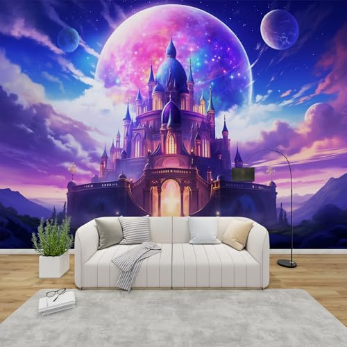 QEODAH Fototapete Schloss Schlafzimmer, 3D Tapete Fantasy Prinzessin, Vliestapete Lila Rosa, Tapeten Wohnzimmer, Mädchen Galaxie Wand Deko Kinderzimmer, Wandtapete, Mustertapete Vlies 300x210 cm