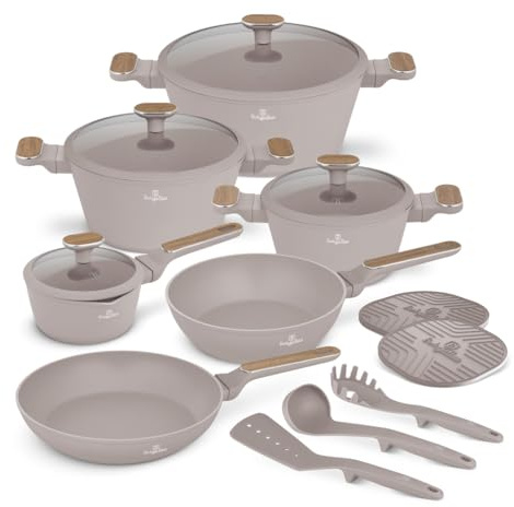 Berlinger Haus 15-teiliges Geschirrset mit Titanbeschichtung, Taupe, Nordic Collection – langlebig, antihaftbeschichtet, modernes Design, ideales Kochgeschirr für Ihre Küche