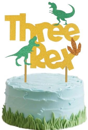 HSC Dinosaur Cake Toppers, Dinosaur Cake Decorations, Three Rex Birthday Decorations, Glitter T-Rex Cake Topper for 3rd Birthday Party, Dinosaur Theme Cake Decoration Supplies