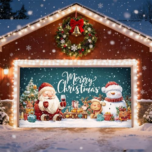 Garagentor Banner Weihnachten | 400x180cm Weihnachtsmann Snowman Garagentor Hintergrund Banner Weihnachts Dekorationen Für Partyzubehör Veranda1, Hof, Wand, Haus, Terrasse, Büro, Winter