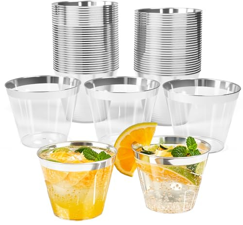 Vurixfo 60 Pcs Silver Rimmed Plastic Cups, 9oz Hard Plastic Party Cups Reusable Clear Drink Cup Crystal Clear Hard with Elegant Silver Rim for Cocktail Champagne Beer Martini Soda Dessert