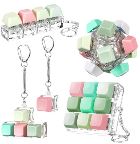 5-Piece Green Clicky Fidget Keychain, Stress Relief Gadget for Adults, Plastic Keyboard Clicker, Portable Office Desk Accessory for Commute and Travel