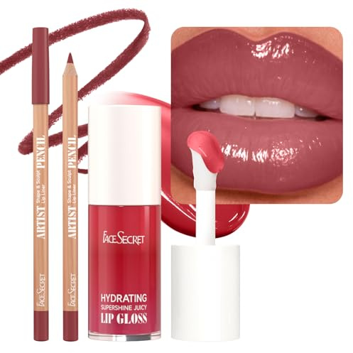 2-teiliges Set aus Lipliner und Lipgloss, langanhaltendes Lippen-Make-up-Set mit feuchtigkeitsspendendem, hochglänzendem Juicy Lipgloss und formendem Lipliner-Stift,S03