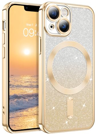 DUEDUE Glitzer Hülle für iPhone 13 mini 5,4'' Kompatibel mit MagSafe, Glitzer Magnetische Stoßfeste Handyhülle für iPhone 13 mini Hülle, Gold