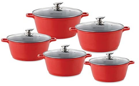 SQ Professional NEA Die-Cast Aluminium Stockpot Set 5pc 3-Layer Non-Stick Coating Stew pots Tempered Glass Lid with Steam Vent Induction Casserole pan (Red)