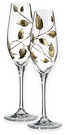 Quality Golden Leaf Tendril Design Champagne Flutes Pair - Mouth Blown/Hand Decorated Glass - Golden Wedding/ 50th Wedding Anniversary