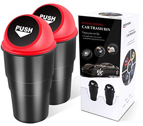 YIOVVOM Lot de 2 petites poubelles de voiture avec couvercle, anti-fuite, porte-gobelet pour voiture, bureau, maison, cuisine, chambre à coucher (rouge)