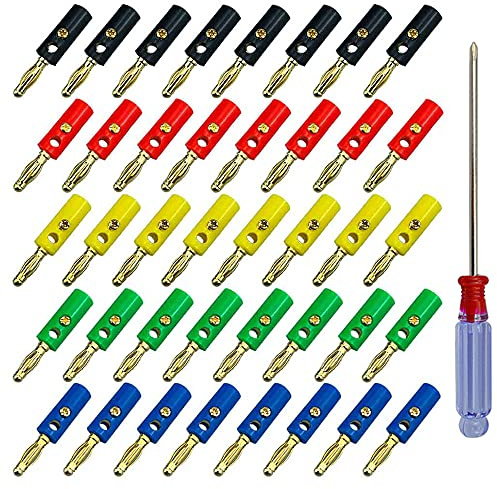 QitinDasen 40Pcs 4mm Banana Plug, Gold Plated Banana Plug Connector, for Speaker, Audio/Video Receiver, Amplifiers and Sound Systems (5 Color)