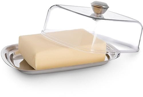 KADAX Mantequera con Base de Acero Inoxidable, Tapa de plástico, Recipiente para mantener la mantequilla fresca, 15,5x11,5x7cm, Mantequillera transparente