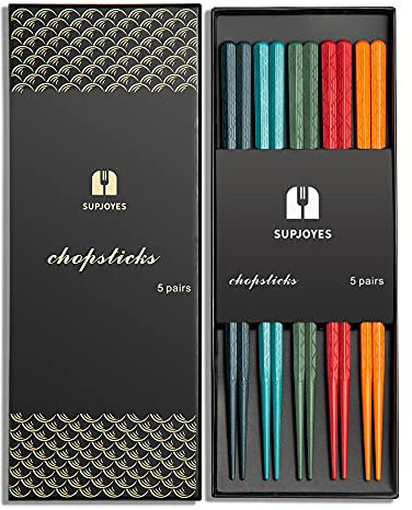 SUPJOYES 5-Pairs Colourful Reusable Chopsticks: Japanese Chinese Fiberglass Chopsticks Dishwasher Safe, Japanese Stick Gift Set with Gift Box, Non-Slip Chop Sticks