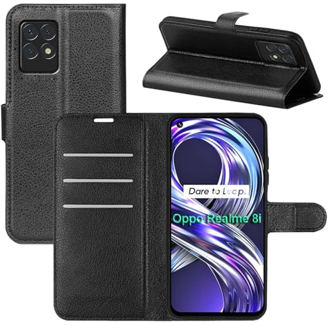 betterfon Handyhülle Kompatibel mit Realme 8i | Premium Qualität TPU Klapphülle für 8i mit Kartenfächern | Magnetverschluss Handyhülle | Schwarz