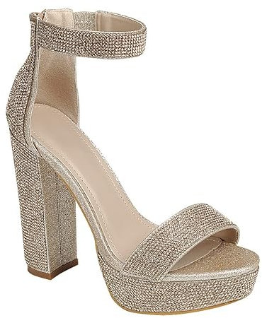 Women Ankle Strap Open Toe Chunky Platform Dress High Heel Sandal, Rose Gold Rhinestone-32, 7 UK