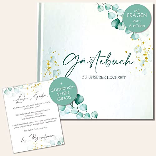 Kunterbuntspecht Gästebuch Hochzeit Fotobuch Hochzeitsbuch Gäste Boho für Hochzeiten Geschenk blanko mit Naturpapier Fadenheftung (Gästebuch Eukalyptus mit Fragen)