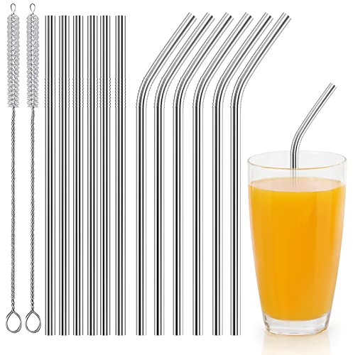 Newaner Paille Inox Reutilisable 12 Pcs (6 Droites + 6 Courbées), Pailles Bubble Tea 21cm avec 2 Brosses de Nettoyage, Paille Metal pour Cocktails, Lait Glacé, Milkshakes, Café Glacé, Thé