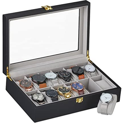 Relaxdays Uhrenbox für 12 Uhren, Glasfenster, Uhrenkissen aus Samt, HxBxT: 8,5 x 31,5 x 21 cm, Uhrenkasten, schwarz-grau