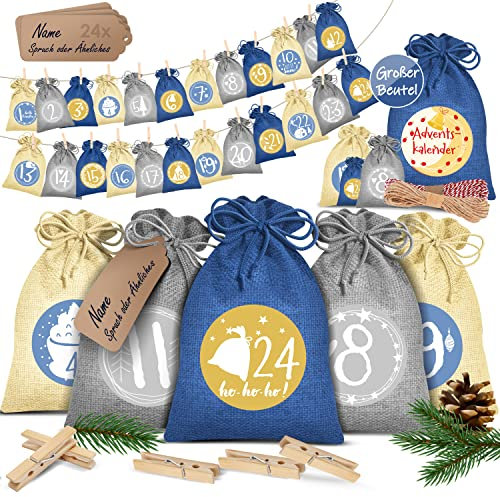 KESSER® Adventskalender zum Befüllen 24 Jutebeutel 14 x 10 cm Gedruckte Stoffbeutel Kinder Weihnachtskalender zum Selber Befüllen Inkl.. 24x Schildchen + 1 Großer Aufbewahrungsbeutel Stoff