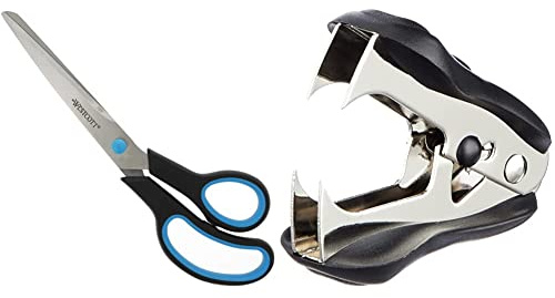 Westcott E-30293 00 Schere Easy Grip, rostfrei, gebogen, asymmetrisch, blau/schwarz, 24,7 cm / 9 Zoll & E-12001 00 Heftklammerentferner, schwarz